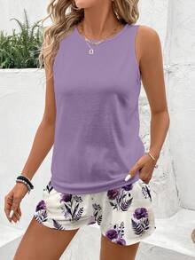 SHEIN LUNE 休闲简约度假波西米亚风优雅复古紫色印花图案，适合音乐节、海滩、度假、夏季外出穿着的女士无袖上衣和短裤两件套 - 彩色 - 查看 3