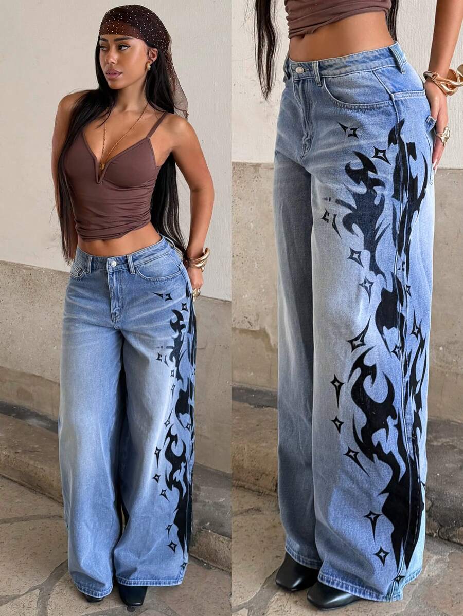 StreetHx Women's Casual Versatile Flame Pattern Pocket Button Flare Leg Jeans For Daily Wear - Light Wash - View 1