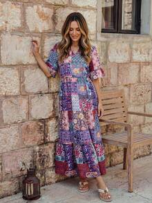 Faunlyn Women's Patchwork Pattern V-Neck Ruffle Hem Dress, Vacation Style - Multicolor - View 8