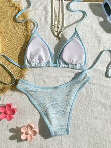 Swim Mod 2pcs Light Blue Floral Bikini Set,Triangle Halter Elegant Special Fabric With 3D Floral Accessories,Summer Casual Beach Holiday Vacation Holiday - Blue - View 2