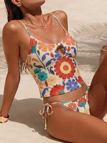Swim Chiccia New European And American Summer Vacation Spaghetti Strap Floral Placement Print Tie-Front Tankini Swimwear Set - Multicolor - View 2