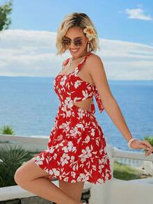 Vivid Eden 女士夏季度假风印花露背吊带露腰连衣裙，红色女装 - 紅白色 - 查看 6