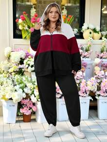 SHEIN CURVE+ 两件套加大码运动休闲撞色标语印花卫衣外套+运动裤套装，秋冬款 - 彩色 - 查看 9