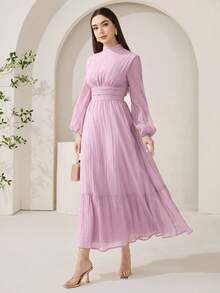 Veilorie 女士纯色立领灯笼袖腰部荷叶边下摆优雅连衣裙 - 粉色 - 查看 5