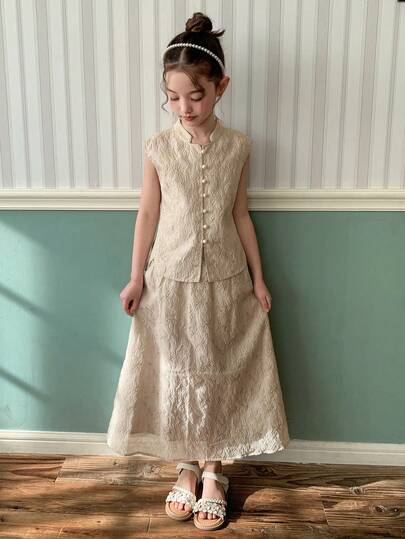 Dazy Kids Tween Girl Floral Jacquard Button Design Vest And Mini Skirt Set