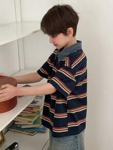 DAZY 男童条纹 Polo 领短袖休闲 T 恤 - 寶藍色 - 查看 3