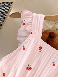 Genkimix Kids 1件女童复古休闲修身独特樱桃印花连体裤，适合夏季户外活动和上学穿着 - 粉色 - 查看 4