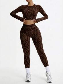 Dewbera Dewbera Women's Leopard Print Round Neck Backless Long Sleeve Top And Tight Leggings Casual Sports Suit - Coffee Brown - View 7