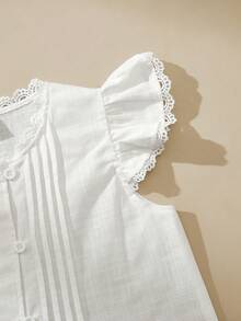 SHEIN 韩版简约百搭褶皱荷叶边短袖衬衫，适合年轻女孩日常穿着，夏季时尚单品 - 白色 - 查看 2