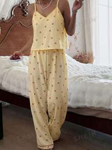 SHEIN 女士泡泡褶皱条纹樱桃印花吊带背心和裤子睡衣套装 - 黃色 - 查看 3