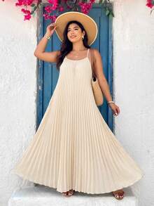 SHEIN VCAY Plus Size Casual Solid Color Pleated Backless Camisole Dress - Apricot - View 3