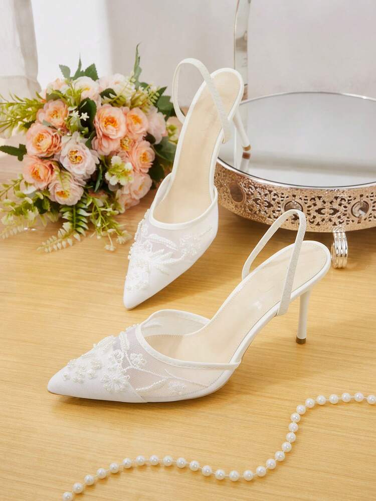 CUCCOO HITCHD Women Shoes Summer Summer Elegant Faux Pearl Embroidery Pointed Stiletto Shallow Mesh 9cm Women's High Heel Shoes Daily Dating Party Wedding Summer Shoes Wedding Shoes Bride Shoes