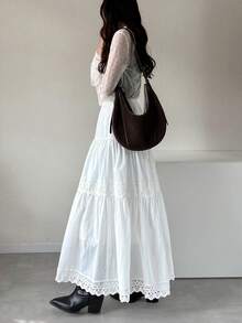 FRIFUL Women's Contrast Lace Maxi Flared Skirt - White - View 8