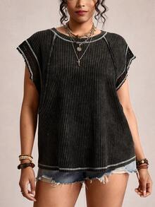 Freevana Women's Plus-Size Black Summer Boho Holiday Rave Cotton T-Shirt, Batwing Lace Sleeve Reverse Stitch Top, Round Neck Loose Casual Retro Knitted Concert - Black - View 3