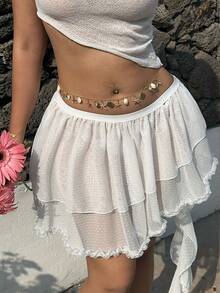 Sunnyshic Minifalda dulce de doble capa con decoración de encaje y cinta para mujer de talla grande - Blanco - Ver 3