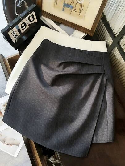 Franclia Elegant Commuting Casual Versatile Pleated Gray Striped A-Line Skirt, Women Spring/Summer