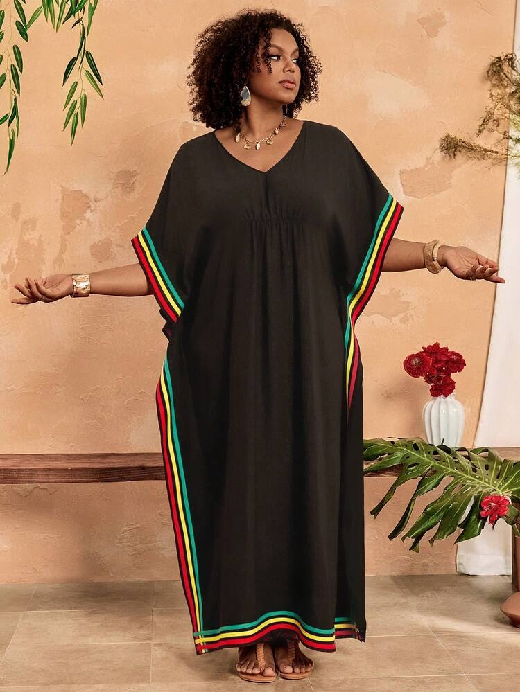 Plus Size Women V-Neck Patchwork Color Casual Dress, Suitable For Summer Women's Summer Dresses Beach Cover Ups Women Dress Women's Swim Cover Up Bathing Suit Cover Ups Women Women Casual Dresses Summer Outfits For Women Beach Outfit For Women Casual Vacation Outfits Women Country Concert Outfit Peplum