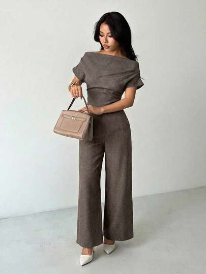 SHEIN PETITE Women's Summer New Arrival Simple Elegant Daily Casual Linen Commuter Wide Collar Off Shoulder Blouse And Wide Leg Pants Suit Brown Two Piece Set