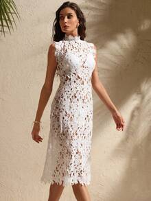 Swim Chiccia 蕾丝面料精致优雅修身连衣裙，奢华名媛风派对礼服 - 白色 - 查看 4