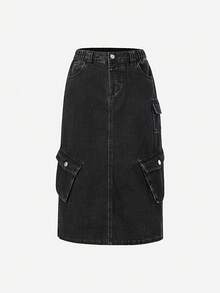 少女休闲牛仔裙，新款时尚简约百搭多口袋设计水洗黑牛仔裙 - 黑色 - 查看 3