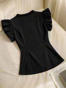 GlowEve 女士黑色荷叶边V领休闲优雅金色蝴蝶结单排扣衬衫，适合派对和日常穿着 - 黑色 - 查看 2