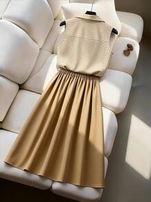 Elenzga 女士复古条纹无袖衬衫，单排纽扣腰部褶皱金属纽扣A字通勤优雅简约百搭两件套 - 卡其色 - 查看 2