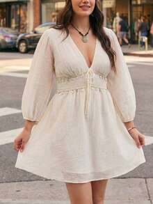 Freevana Đầm dự tiệc gợi cảm cho nữ cỡ lớn, màu trơn, cổ chữ V sâu, tay phồng, thắt nơ phía trước. - Màu be - Xem 3