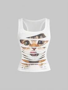 ROMWE Kawaii Áo tank top nữ in hình mèo dễ thương, kiểu 2 trong 1, có tua rua trang trí. - trắng - Xem 3