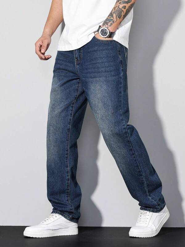 Manfinity Homme Jeans droits délavés bleus rétro vintage pour hommes