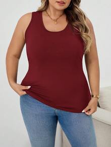 SHEIN CURVE+ Áo tank top mùa hè cỡ lớn, màu trơn, đơn giản, ôm sát, khoét lỗ, trang phục gợi cảm, áo top đi chơi mùa thu cho nữ, CURVE PLUS - Nhiều màu - Xem 3