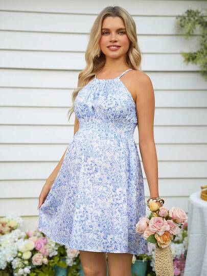 SHEIN Vestido midi de maternidad sin mangas con pliegues y estampado floral diminuto para verano y ocasiones