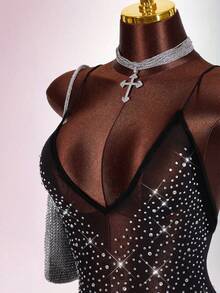 Amplova 2026 New V-Neck Rhinestone Embellished Jumpsuit For Women - Black - View 5