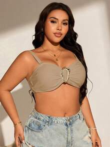 Swim Chiccia Plus Size Women Solid Color Off-Shoulder Metal Decor Sexy One-Piece Bikini Top, Suitable For Spring - Apricot - View 4