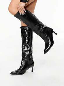 Glitzique Giày bốt cao đến đùi mũi nhọn ôm sát mới mùa thu/đông 2025, thiết kế có thể đảo ngược, nút vá, giày cao gót mèo con - màu đen - Xem 5