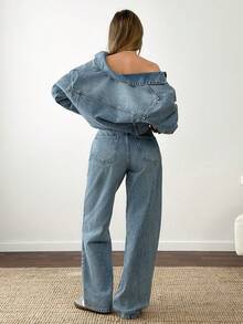 SHEIN Dark Washed Denim Crop Jacket And Straight Jean Set 2 Pieces Denim Sets Woman Woman Suit Denim Outfit Women Denim Two Piece Jean Two Piece Set Rave - Dark Wash - View 3