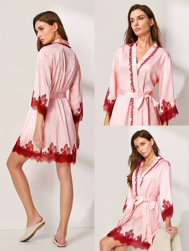 Bata de kimono de satén rosa de lujo para novia de verano - Elegante bata de noche con cinturón y detalles de encaje rojo, ropa de salón para novia, artículos de boda