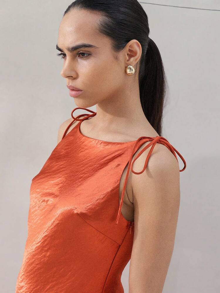 KSTM Women's Asymmetric Satin Midi Dress With Tie Shoulder Straps And Handkerchief Hem For Evening Party Occasions