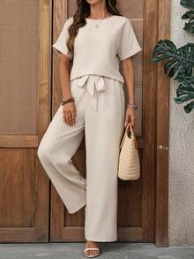 EMERY ROSE Conjunto de camisa y pantalones casuales de vacaciones para mujer - Caqui - Ver 10