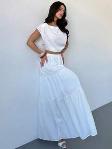 Firerie Women's New White Pleated Cropped Top And Layered Long Skirt Set, Summer White Vacation Midi Skirt Set, Elastic Waist Long Skirt Set, Bohemian Style Set, Spring Summer Outfit, Elegant, Commute, Date, Boho, Vacation, Beach, Skirt Set, Ladies 2-Piece - White - View 5