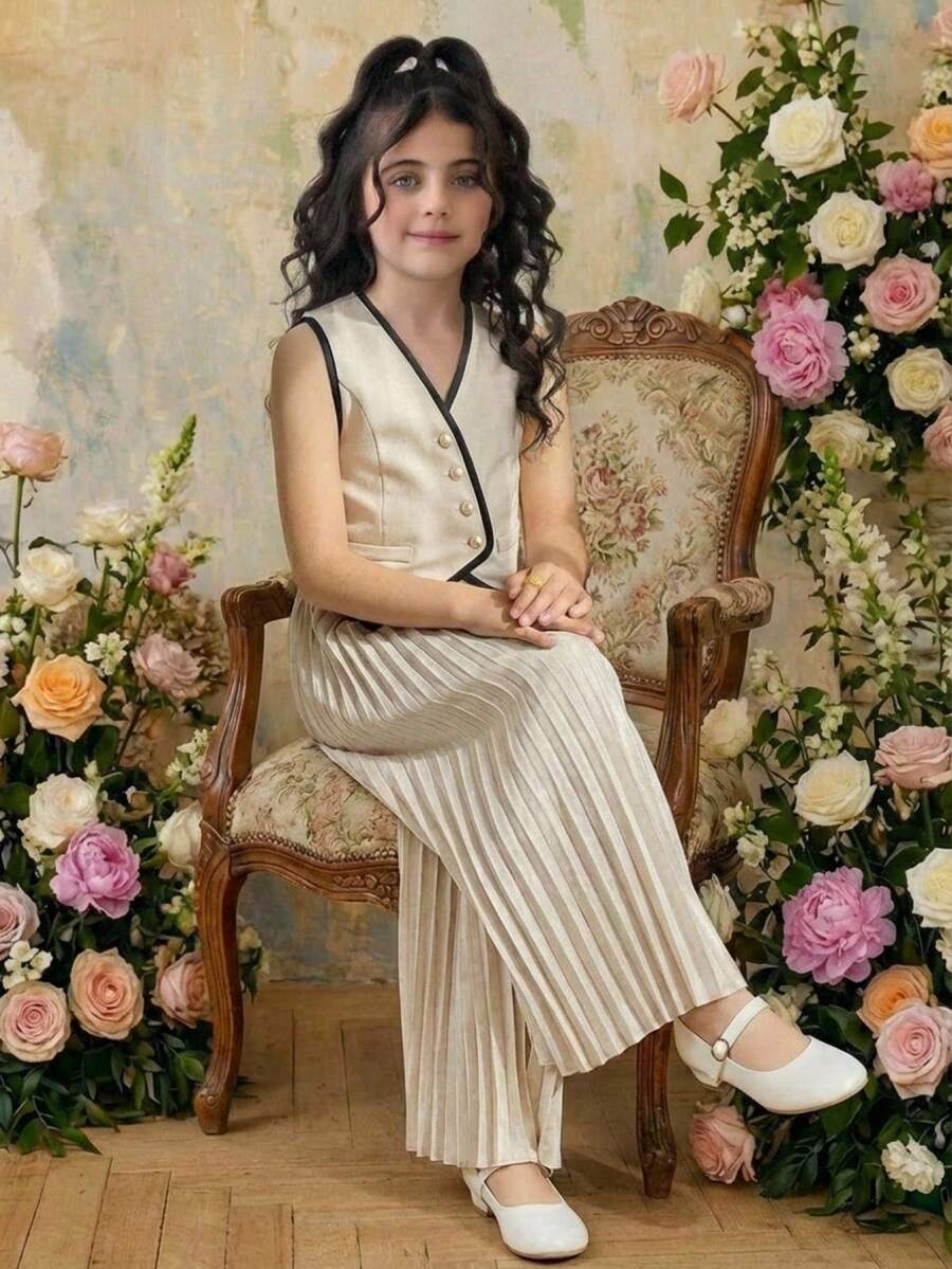 SHEIN Tween Girl Black And White Summmer Formal Contrast Color Button Front Vest Top And Pleated Wide Leg Pants Set,Young Girls Versatile 2 Piece Outfit - Apricot - View 1