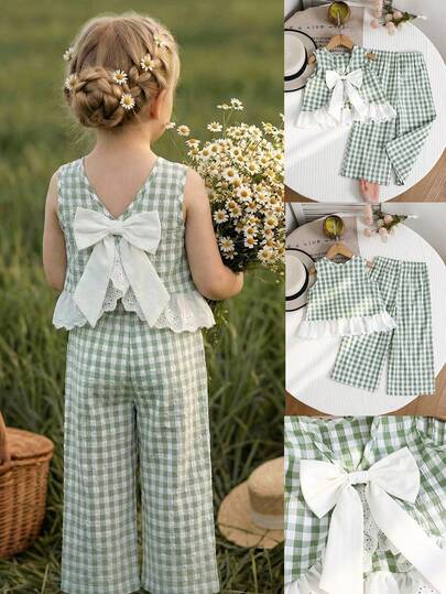 Emery Rose Kids Emery Rose Kids 2pcs/Set  Young Girl Woven Plaid Round Neck Casual Vest And Pants Set Young Girl  Two Piece Set Gingham Set Girls Plaid Set Young Girl  Two Piece Set Summer Two Piece Set For Girls Young Girl Green Gingham Two Piece Set With Bow And Ruffle Sleeveless Top And Wide Leg Pants Summer Outfits