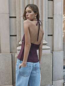 Nöista Halter Top Closing In Neck With Coins Detail Under Chest, Dark Brown Color. Summer Tops, Spring Outfit, Easter, Casual Look, Vacation. - Burgundy - View 2