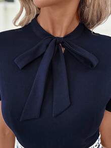Editum Vestito elegante da donna per la primavera, l'estate e l'autunno con colletto a nodo in fiocco, disegno di abito a matita a quadri, slim-fit e aderente al corpo, blu scuro per abbigliamento insegnanti - Multicolore - Visualizzare 4