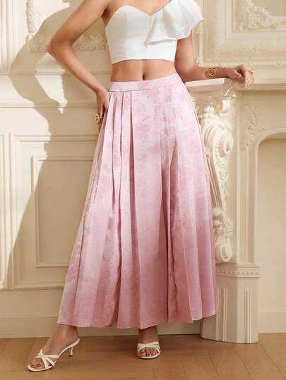 LOTSLUV Women's Elegant Light Pink Summer Satin Skirt,Rose Texture Fabric Pleated A-Line Midi Skirt For Wedding Guest,Spring Silk Long Skirts