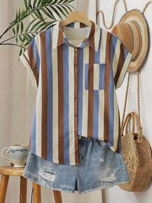 Franclia Camisa de manga corta con bolsillo, de estilo casual y de vacaciones, con botones delanteros y rayas - Multicolor - Ver 3