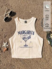 Tseoso 休闲简约圆领紧身女式背心，适合夏季穿着，鸡尾酒杯印花图案 - 杏色 - 查看 7