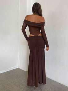 Aloruh 女士纯棕色露肩网纱长袖连衣裙，波西米亚风褶皱A字飘逸连衣裙 - 棕色 - 查看 3