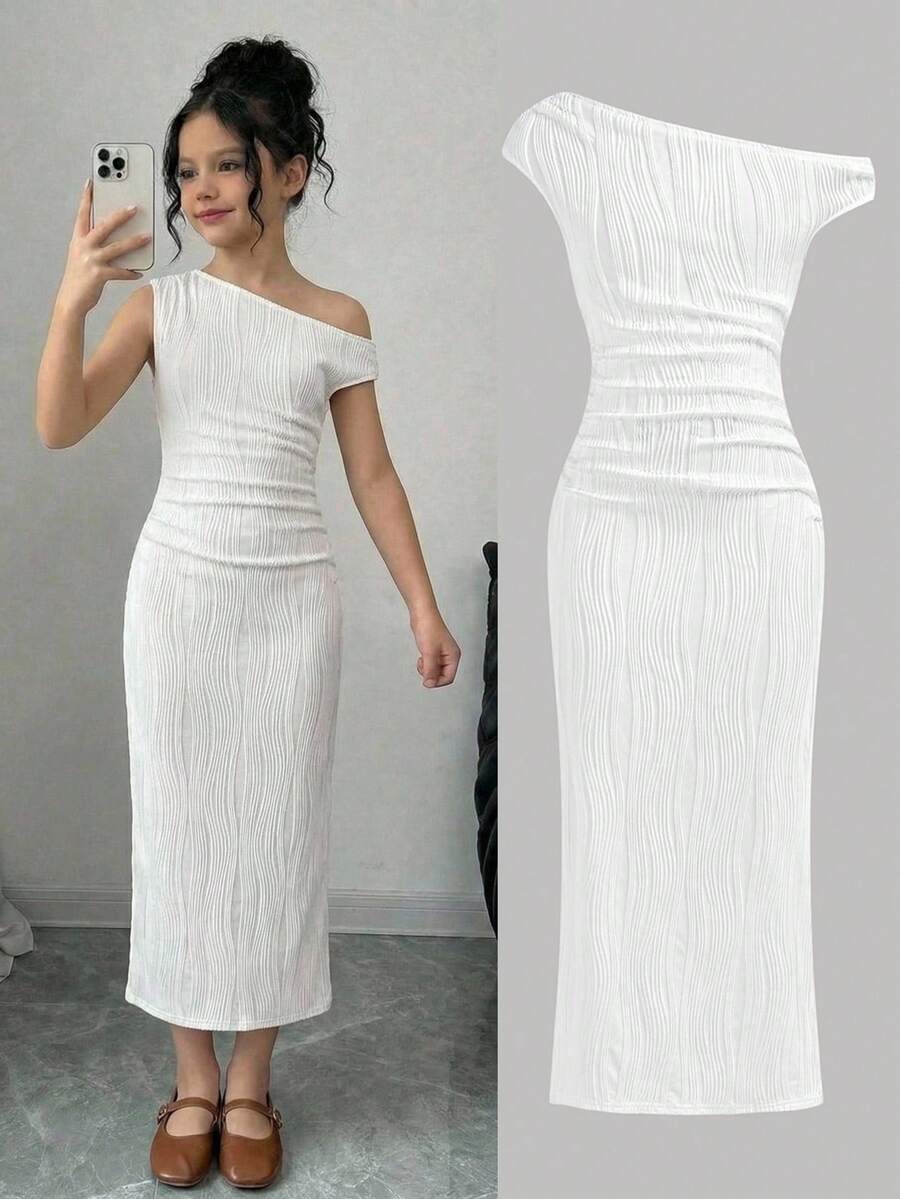 Firerie Kids Firerie Kids Vestido de punto maxi ajustado con hombro asimétrico y cintura fruncida, elegante y casual, adecuado para vacaciones, para niñas preadolescentes - Blanco - Ver 1
