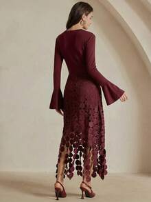 Anewsta 新款针织垂褶领口蕾丝拼接流苏下摆优雅派对连衣裙，红色 - 酒紅色 - 查看 5