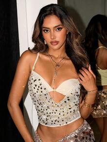 SHEIN ICON Shiny Mesh See-Through Sexy Beaded Decor 2 In 1 Women Tank Top - Apricot - View 5